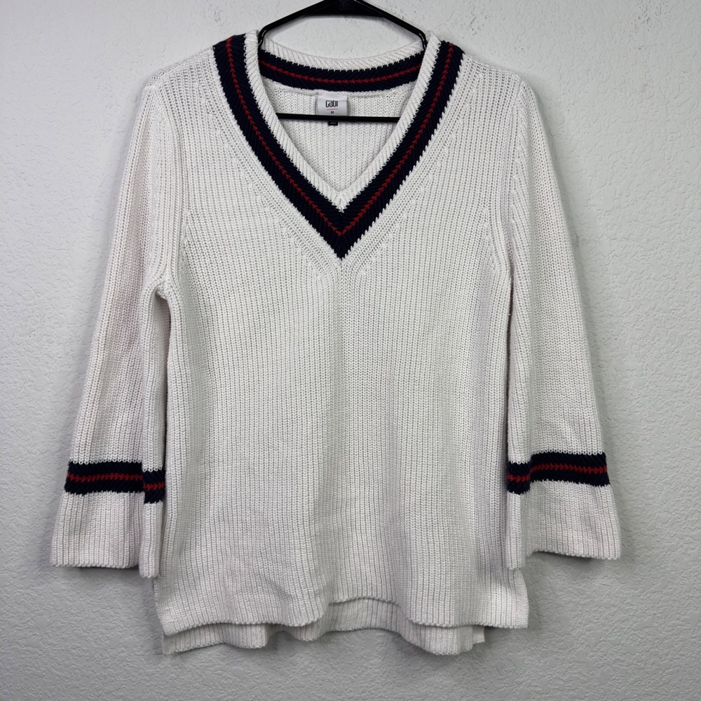 Cabi Sweater Womens M White V-Neck Bell Sleeve Striped Coastal‎ Preppy Varsity